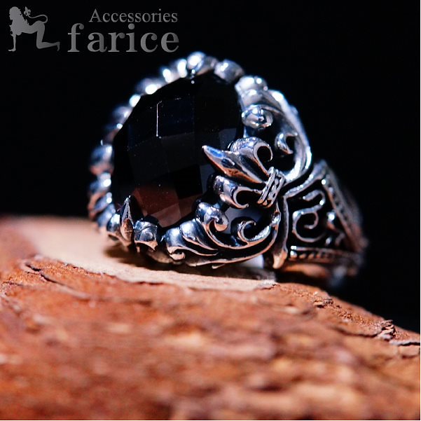 カットリリー&アラベスク ブラックキュービックジルコニア シルバーリングサイドトライバル