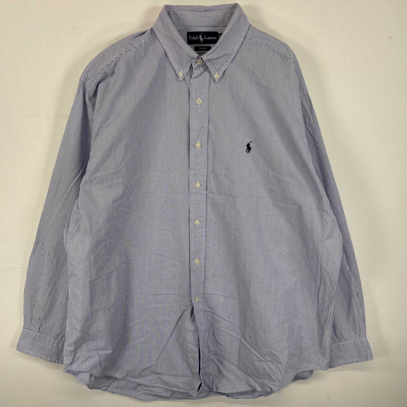 古着 長袖シャツ ボタンダウンシャツ ワンポイント ロゴ 刺繍 大きいサイズ XL ブルー系 ストライプ メンズ