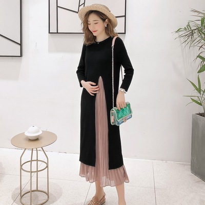 ワンピース カットソー プリーツスカート ロング ロング丈 袖あり 長袖 Uネック ラウンドネック ストレート 切り替えデザイン ドッキング プリーツ 異素材MIX かわいい 大人可愛い 大人 上品