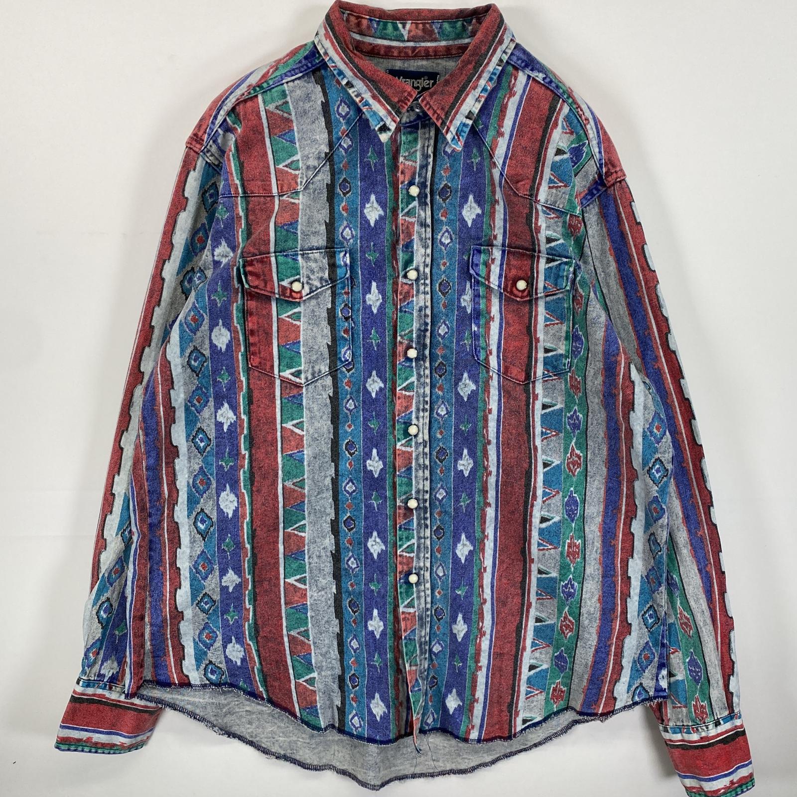 古着 80s～90s/80年代～90年代 ヴィンテージ デニム 長袖シャツ マルチカラー ウエスタンシャツ スナップボタン 17 2/1-36 XL 総柄 メンズ