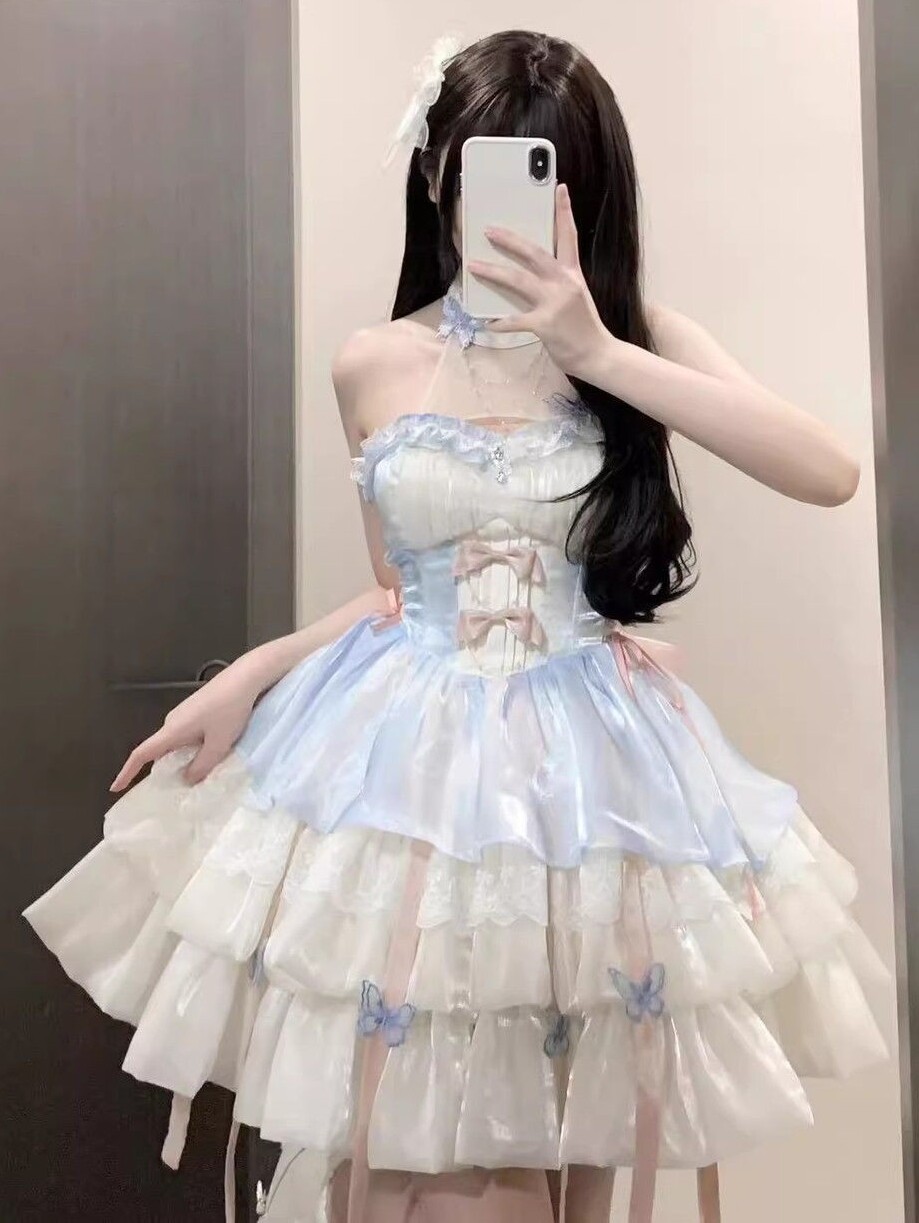 lolita地雷パーカーロリータ ワンピース ゴスロリドレスキューピッドの逃走中の約束プリンセスドレスキュートでスウィートな誕生ドレス前が短い後ろが長い重工業用パフスカート