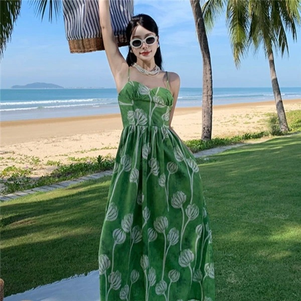 リゾートワンピース 大人 可愛い サスペンダードレス 夏ワンピース リゾートワンピ ワンピース ハワイアン 沖縄 夏 結婚式 キャミソールワンピース レディース サマー 袖なし ロングワンピ la16