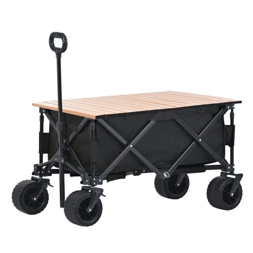 BTM キャリーワゴン 折りたたみ テーブル付き 自立可 超大直径タイヤ 洗える 耐荷重100kg 頑丈 持ち運び便利 キャリーカート 台車 アウトドア キャンプ用品 買い物【ブラック】