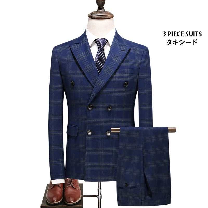 ダブルスーツ タキシード 紳士服 メンズスーツ 結婚式 フォーマルスーツ ビジネス キャリア リクルート 通勤 オフィス 入社 就活 面接 カジュアル おしゃれスーツ チェック柄 上品 お呼ばれ 30