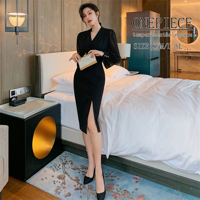 ワンピース フォーマル 黒 通勤 タイトワンピース エレガント 優雅 Vネック スリット セクシー お嬢様 姫系 フォーマルワンピース フェミニン 長袖 春秋 春 パーティードレス ロング 上品 レデ
