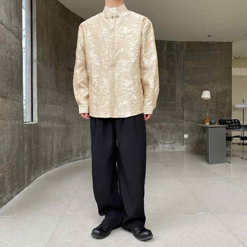 チャイナ シャツ メンズ 中華風 春秋 カジュアル エスニック レトロ トップス 長袖 スタンドカラー サテン ジャガード ボタンアップ ベージュ ブラック