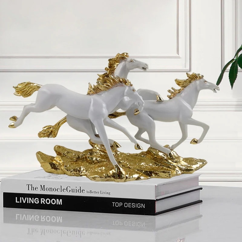 3連 馬 置物 ゴールドホワイトホース