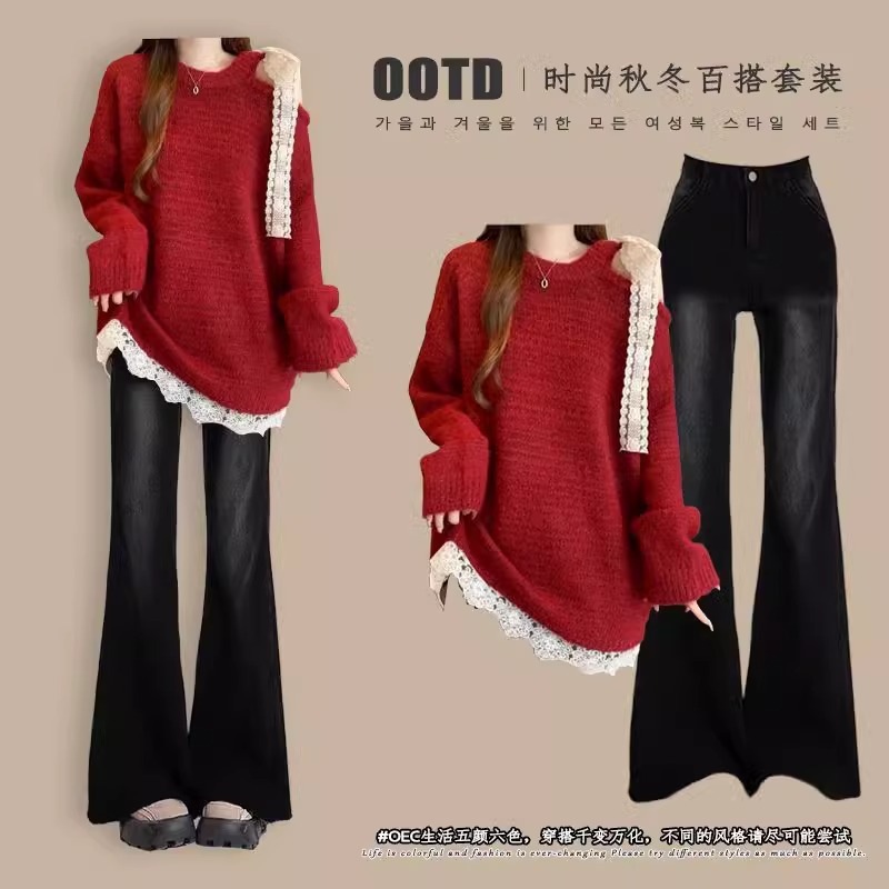 女性の春のネットの人気の爆発的なモデルの小衆のシックなニットのセーターのデニムのズボンの2件のスーツの潮です