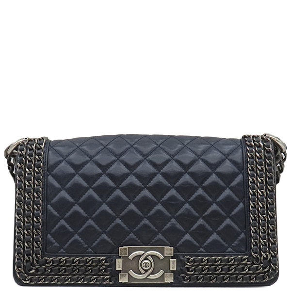 シャネル CHANEL ショルダーバッグ ボーイシャネル レザー ネイビー ガンメタル金具 紺 チェーン 21******【中古】
