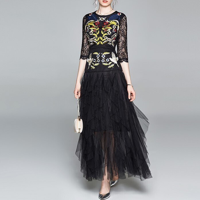ワンピース 半袖 春 夏 秋 冬 きれいめ フォーマル ワンピドレス ロング丈 マキシ丈 七分袖 クルーネック 襟なし スリム タイト 細身 レース 刺繍 チュール フリル ウエストマーク ブラック