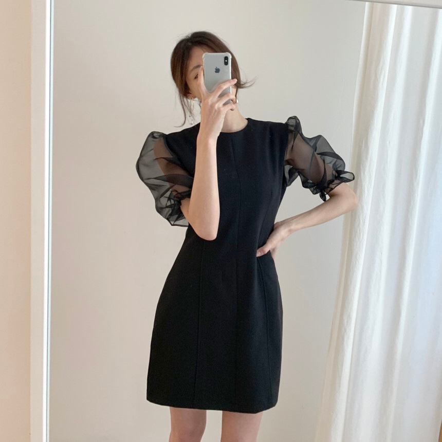 レトロ風 ワンピース 半袖 夏 きれいめ カジュアル かわいい フォーマル aライン Aライン フレア ワンピドレス ショート ショート丈 膝上 ぽわん袖 ボリューム袖 ボリュームスリーブ 袖コンシャ