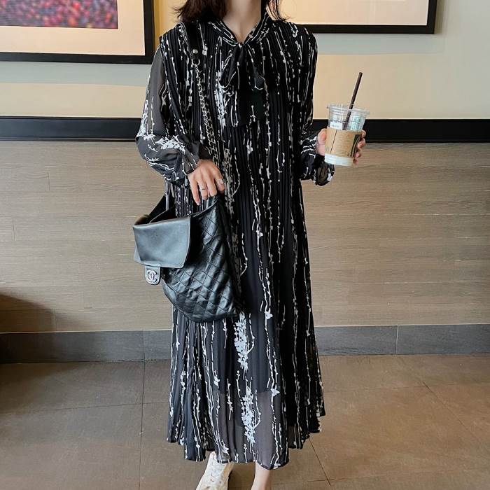 ワンピース レディース ミモレ 長袖 透け感 かっこいい 個性的 ミドル丈 モノトーン Vネック シフォン リボン 春 秋 ワンピ ドレス 大人可愛い かっこいい 黒 ブラック レトロ 大人可愛い ラ 5,393円