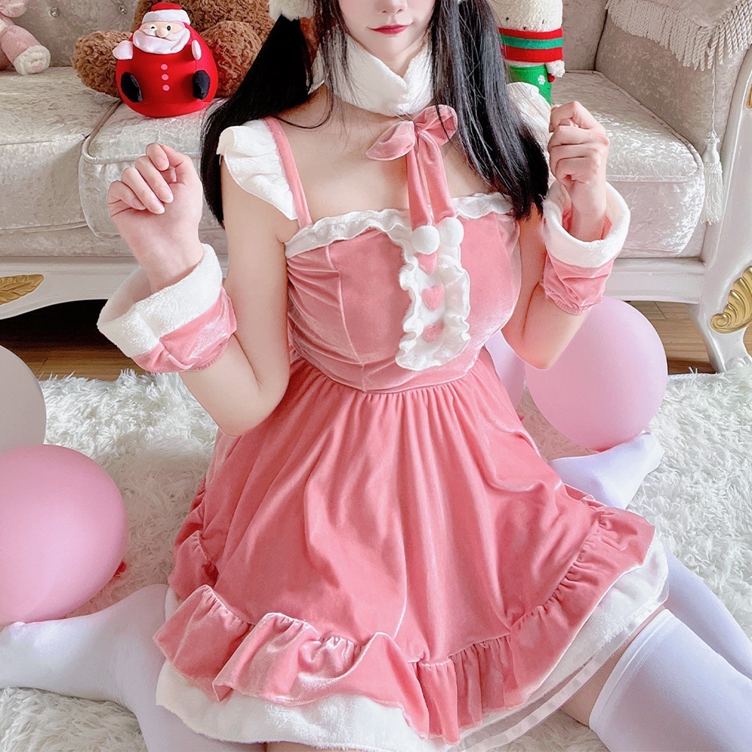 クリスマス衣装フェミニンピンクドレス制服ハロウィン制服セットコススーツバニーガールコスプレ