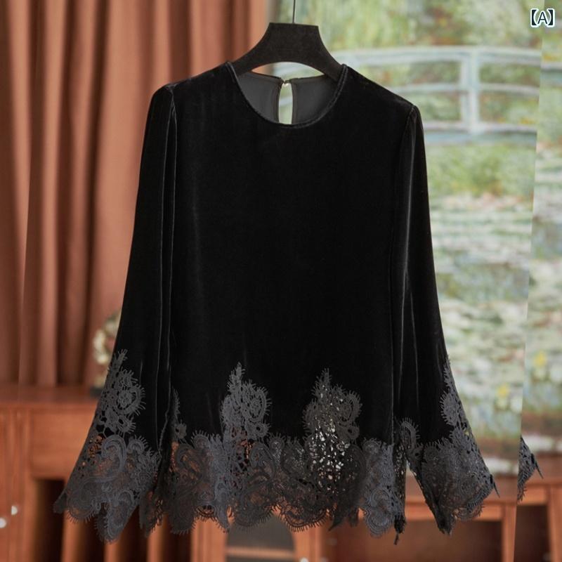 レディース　ニット　レース　シルク レトロで ファッションの 水溶性の 花の レース ステッチ シルクベルベット トップ 女性用 ホワイトニングと スリミング ブラック 刺繍 シャツ 春