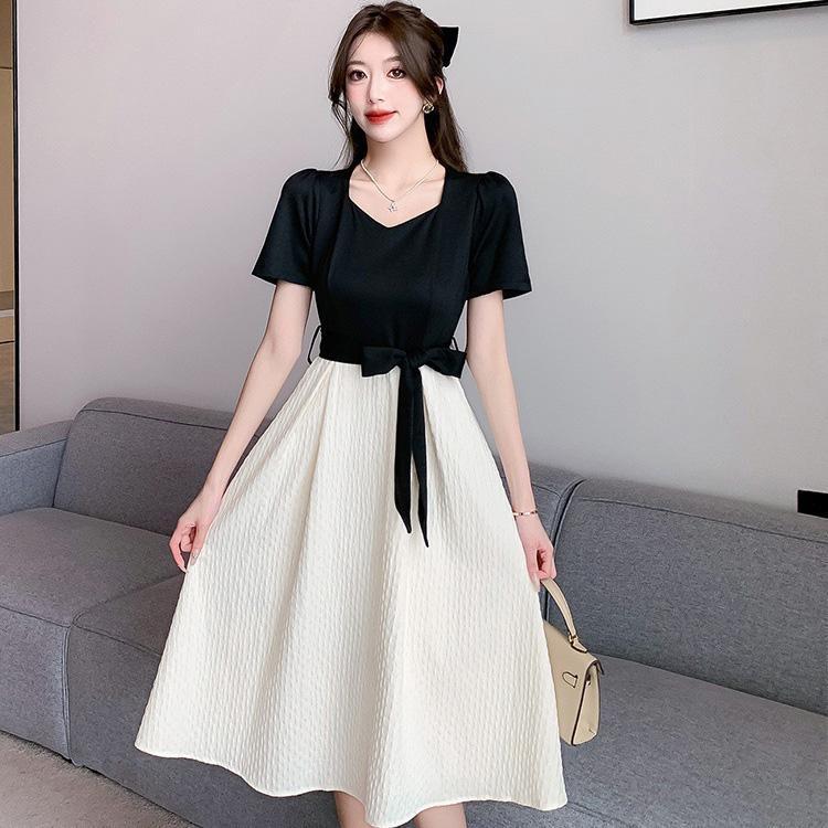 ワンピース ドッキングワンピース Aライン フレア バイカラー リボン ドレス 5,363円