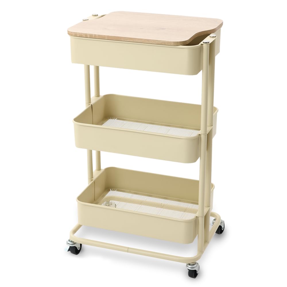 【取り出しやすくリニューアル! 】アイリスプラザ キッチンワゴン 調味料ラック バスケットラック 木天板タイプ 収納ワゴン 3段 キャスター付 幅44.5×奥行35×高さ78cm ベージュ KW-L0
