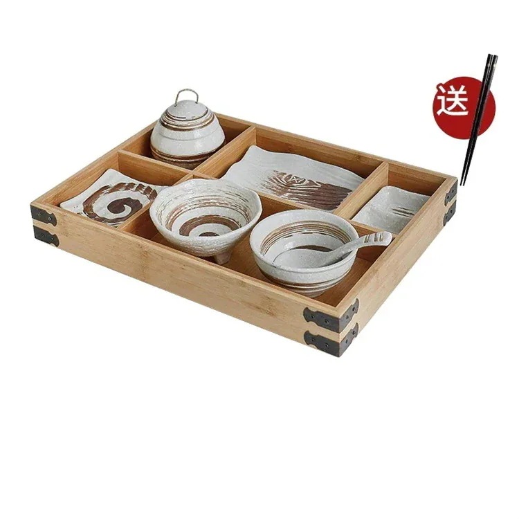 限定セール！一人暮らし向け 釉下彩磁器食器セット 竹製収納トレイ マイクロ波対応コンパートメントプレート 食洗機OK