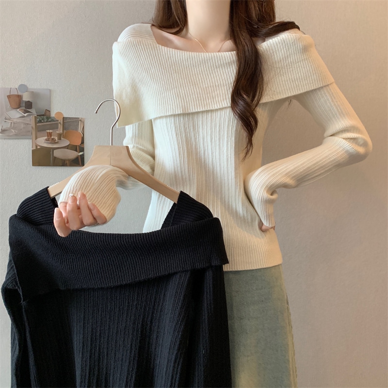 トップス ニットソー 白トップス プルオーバー 長袖 萌袖 オフショルダー オフショル オフショルダー風 オフショル風 折り返し ストレート リブニット ニット 大人可愛い シンプル カジュアル