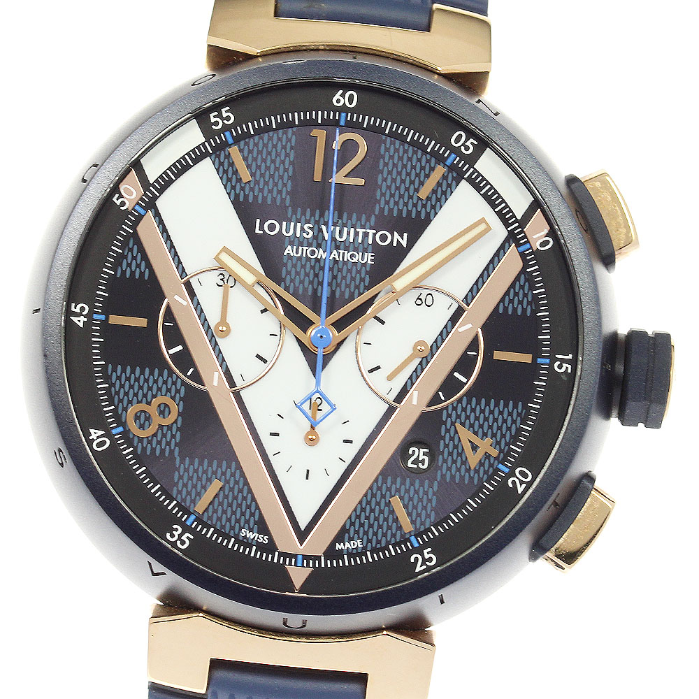 ルイ・ヴィトン LOUIS VUITTON QA090 タンブール ダミエコバルト クロノグラフ 自動巻き メンズ 良品 箱・保証書付き_823275【中古】