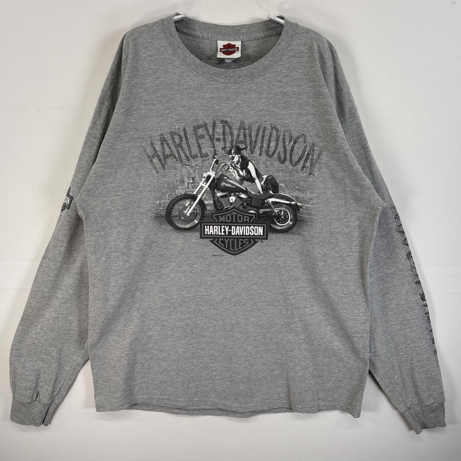 古着 長袖Tシャツ 袖 正面 プリント コピーライト@2015 バイク グレー メンズ