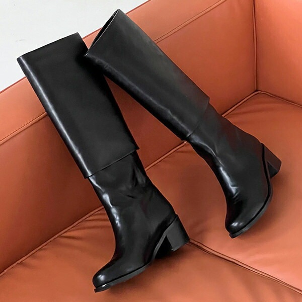 ロングブーツ ミドルブーツ レイヤードブーツ レディース チャンキーヒール 太ヒール 黒 ブラック