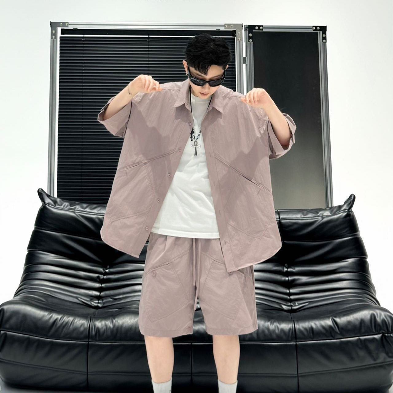 メンズ 無地 半袖シャツ+ショートパンツ セットアップ 夏新作 ゆったり カジュアル 2点セット 上下セット