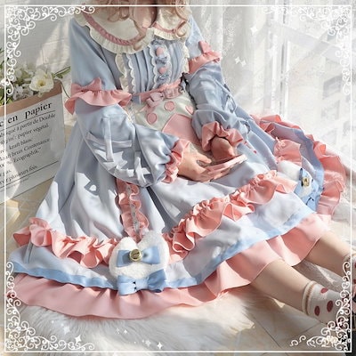 メイド服 ロリータ ワンピース 長袖 ネコエプロンロリータワンピース 洋装 コスプレ 衣装 森ガール可愛い 猫 可愛い ガールズ エプロン コスプレ衣装 姫 エプロン 髪飾り 膝丈 フリル 森ガール 9,176円