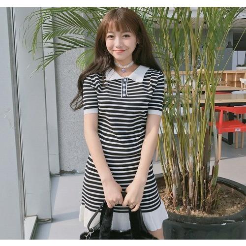 レディース メーカー直販ボーダー ミニ ガーリー サマーニット 韓国 joyride-04c-7946-39 オルチャン ポロシャツ 原宿系 半袖 フリル ワンピース