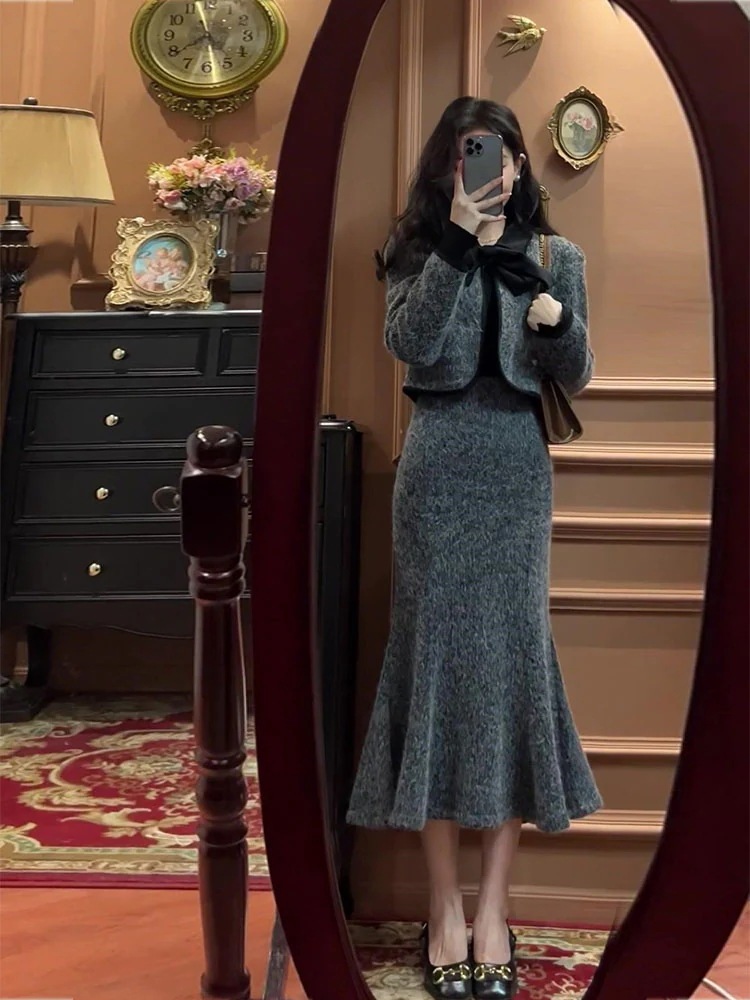 コスプレドレスドレス小祥高級茶ドラマスーツニットセーターフィッシュテールドレス女性用