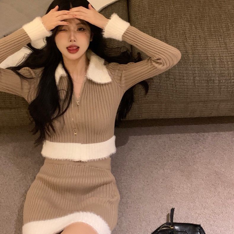 秋冬 セクシー セットアップ 2点セット レディースウェア 長袖ニット Vネック ニットトップス +タイトミニスカート