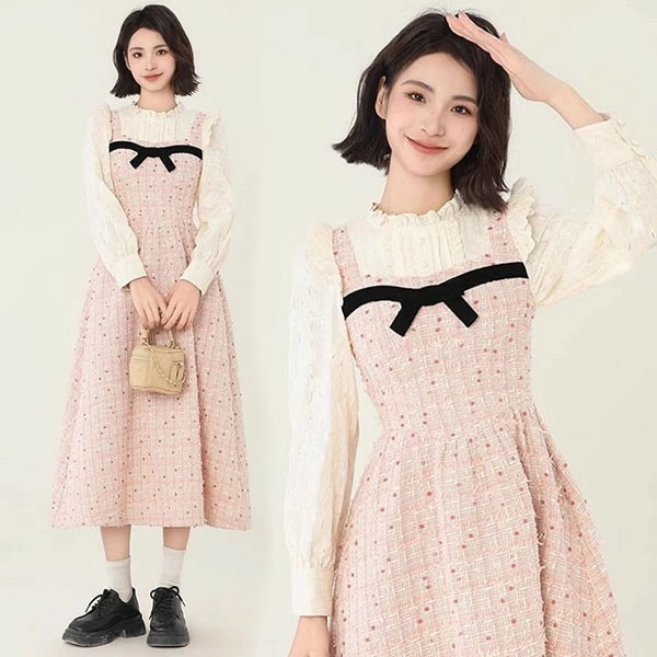 ワンピース 長袖 ロング丈 可愛い かわいい 春 ニット ピンク Aライン レディース 柔らか お洒落 保温 通勤 普段着 デート ei249t2t2c6