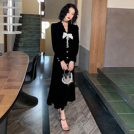 限定カラー2色 ロングはドレス パーティードレス ミモレ丈 ワンピース 可愛い リボン 個性的 黒 袖あり マーメイド おしゃれ 結婚式 二次会 お呼ばれ フォーマル 演奏会 ピアノ 発表会 ドレス