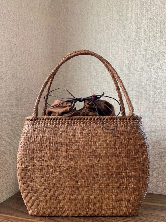 山葡萄　手作り　かごバッグ　網代編み　細いひご (約)幅35本体高さ25.5マチ13cm