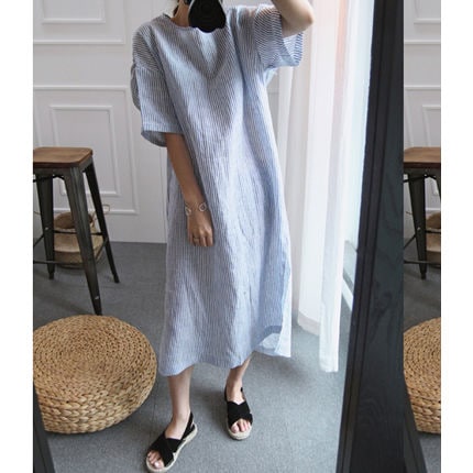 ワンピース レディース 半袖 丸首 ワンピ ロング丈 ストライプ 夏ワンピ 半袖ワンピ イレギュラ ゆったり 大きいサイズ 着痩せ オシャレ 夏 新作