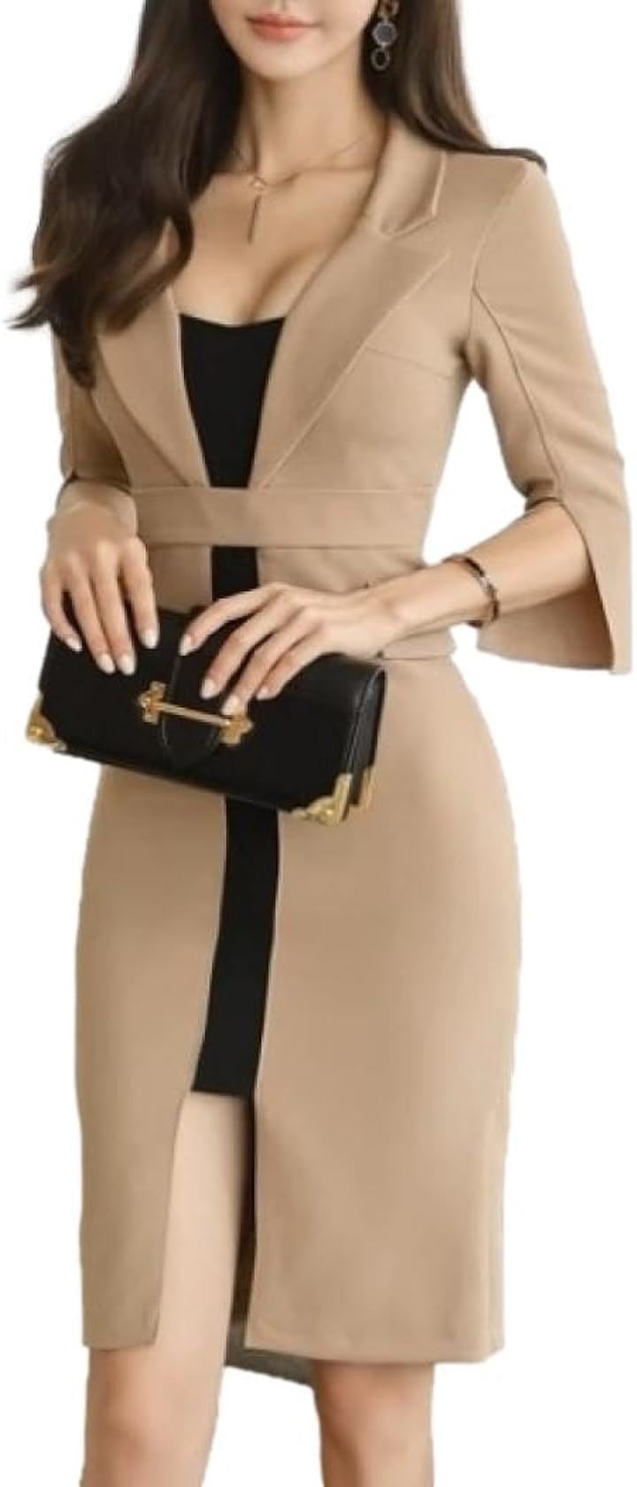 コート 風 ワンピース ウエストマーク タイト ミディ クラブ ドレス 七分袖 ハイウエスト ミニ レディース EC6( ベージュ, M)