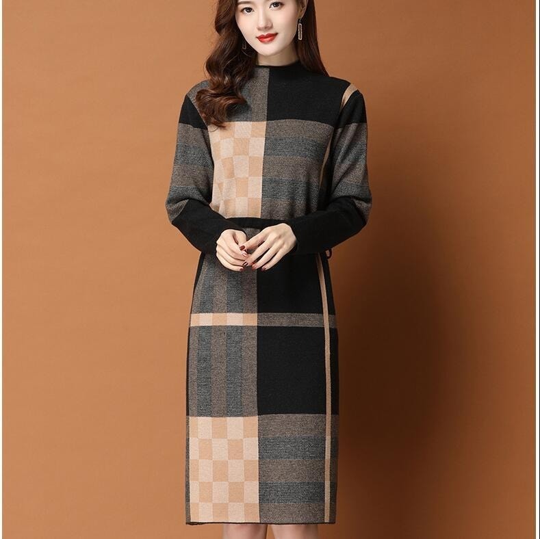 ニットワンピース タイト チェック柄 ハイウエスト ウエストベルト ボタン Iライン 韓国 レディース オルチャン 黒 ブラック ネイビー グレー ベージュ 膝丈 長袖 ハイネック 高見え