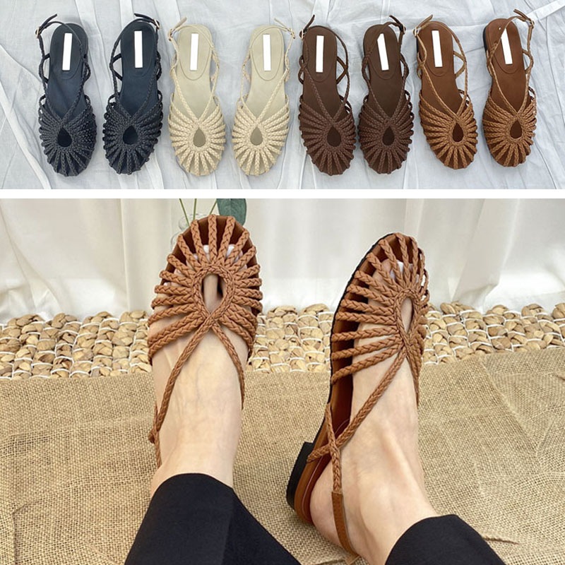 4color 涼しげな雰囲気の三つ編みストラップ バックストラップ付き ラウンドトゥ ローヒール デイリー スリングバックサンダル．フラットサンダル