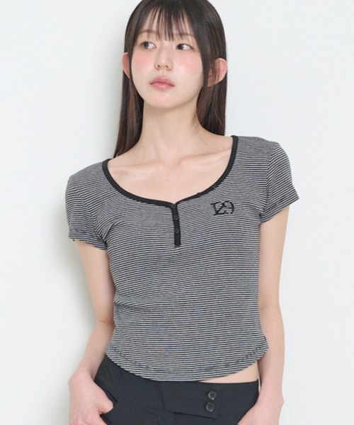 【ILLIGO】 129 BUTTON HENLEY NECK T-SHIRT BLACK STRIPE 正規品