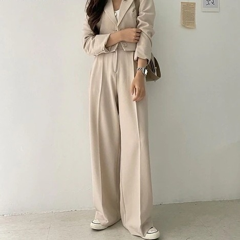 クロップドジャケット&ワイドスラックスSETp490521 レディース 【pt】 韓国ファッション セットアップ ジャケット シングル テーラード 長袖 クロップド パンツ スラックス ロング丈 フ