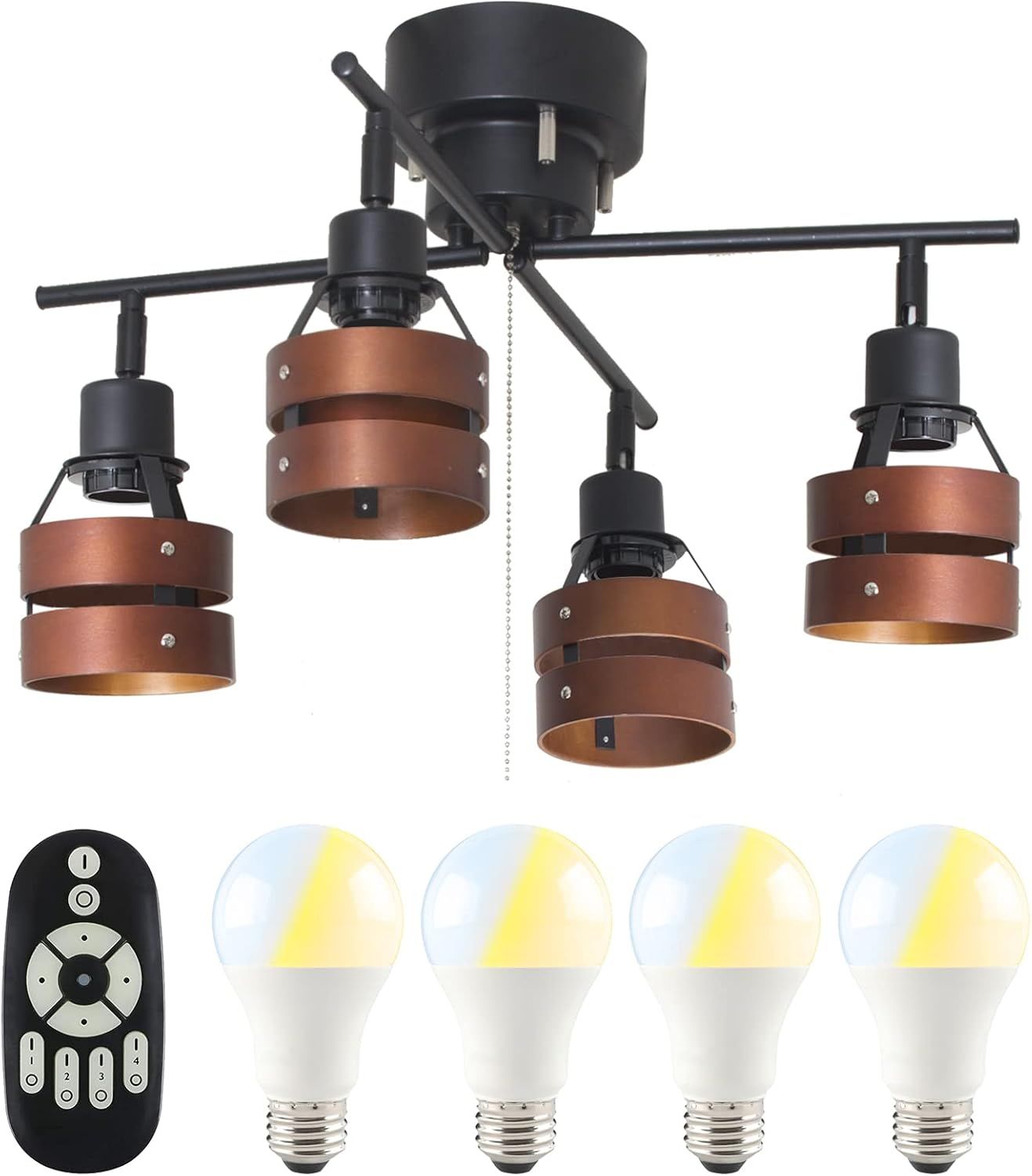 シーリングライト 4灯 8畳 シーリングスポットライト 調光 調色 9W LED電球 60W形相当付き GT-DJX-2D-9WT-2 天井照明 リモコン対応 プルスイッチ 北欧 ウッドリング おしゃ 7,979円