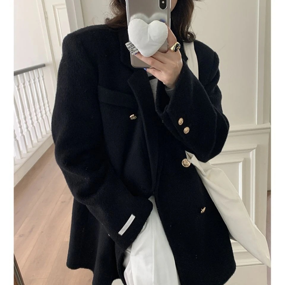 今なら新作レディースメタルバックルスーツ襟英国風カジュアルミドル丈ウールコート