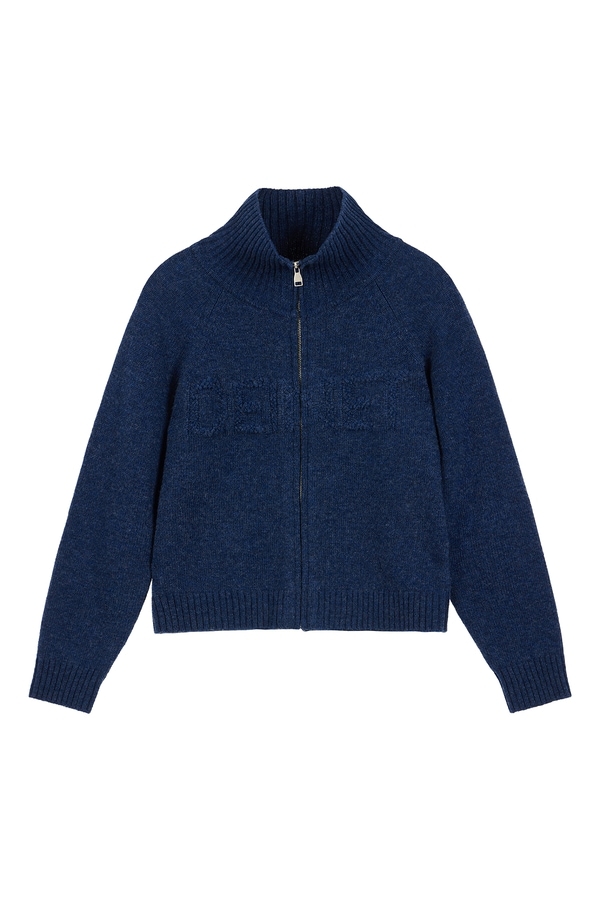 【DEINET】 FUZZY LOGO KNIT ZIP-UP : BLUE