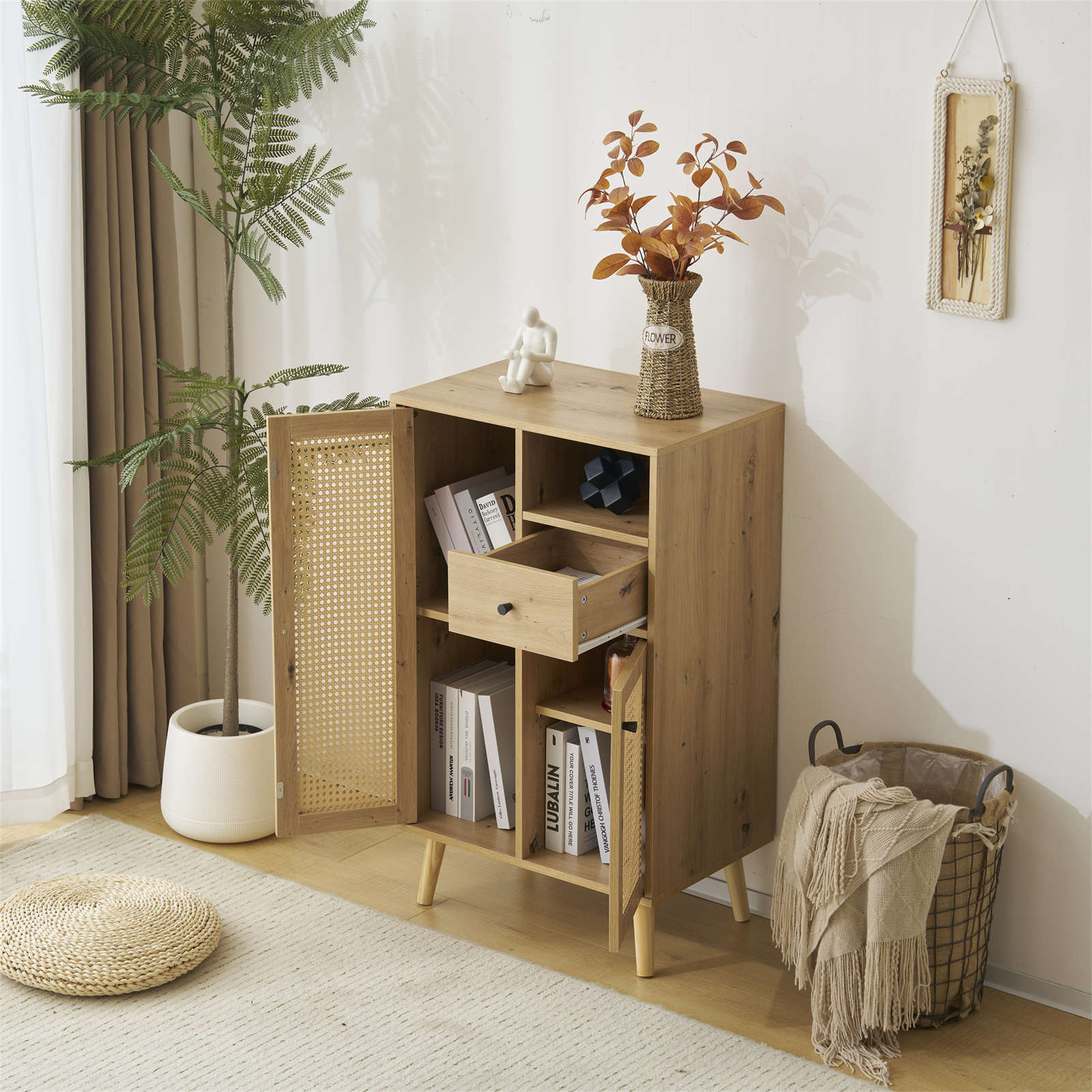 【日本国内出荷-3日で配達】サイドボード キャビネット チェストラタン調 ラタン風 引き出し付き 大容量 収納棚 リビング 収納チェスト2段 箪笥 おしゃれ 整理タンス 北欧 木目調 DJYC302