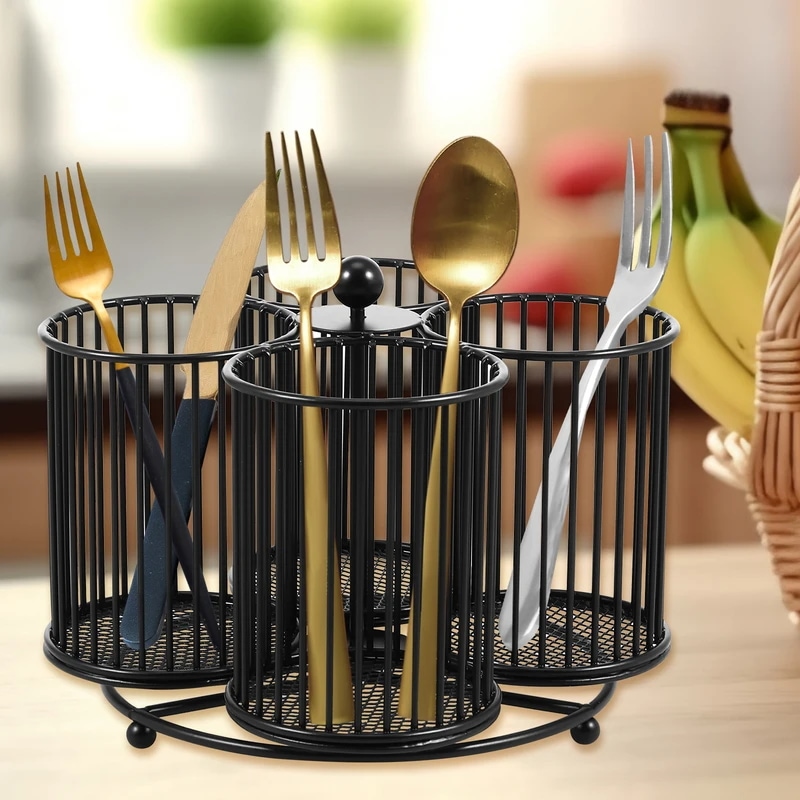 金属製カトラリーホルダー食器収納バスケットキッチンピクニックキャンプ屋外360度回転金属用品キャディ4コンパートメント