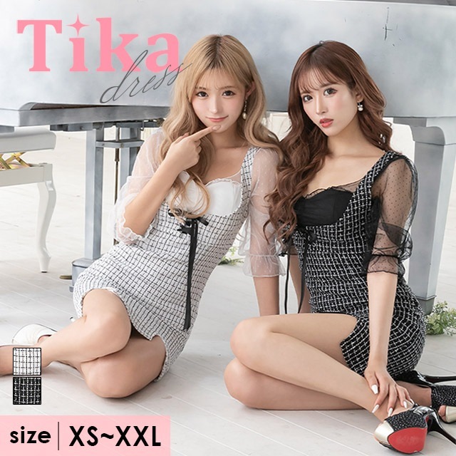 キャバドレス タイト ドット柄 ミニドレス 半袖 膝丈 xl xxl 大きいサイズ 白 黒 ホワイト ブラック シアー リボン スリット キャバワンピ 大人 ミニワンピース ミニ ワ