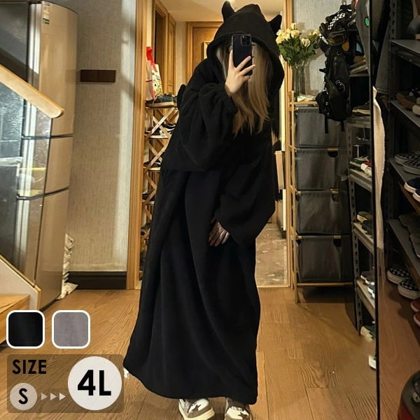 小悪魔 もこもこ モコモコパジャマ ワンピース ルームウェア パジャマ 冬 長袖 着る毛布 フード付き 寝巻き 部屋着 暖かい あったか 着ぐるみ モコモコ 大人用 ふわふわ レディース 女性用 ガウ