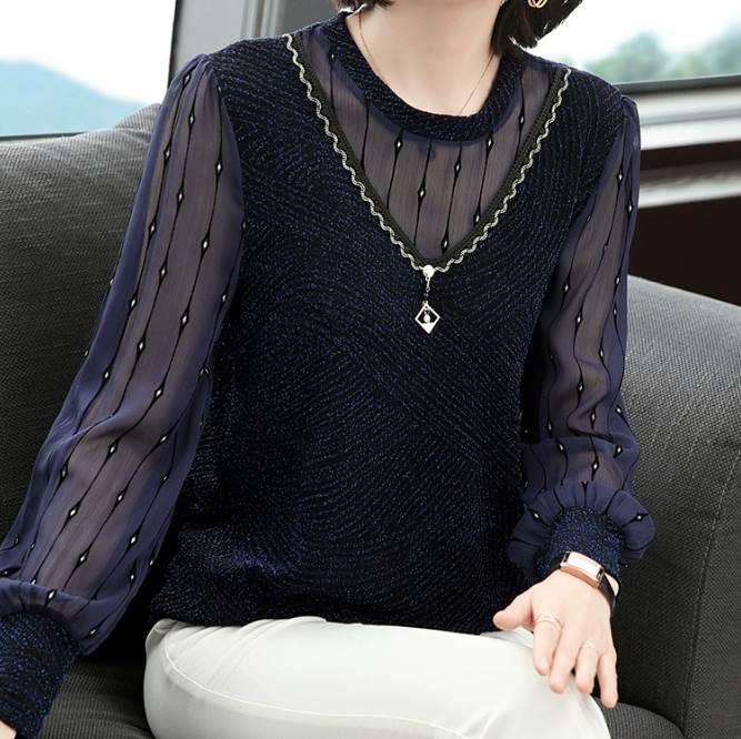 トップス シャツ ブラウス 袖あり 長袖 Uネック ストレート シフォン 透け感 シースルー かわいい