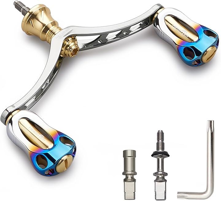 98mm リール ハンドル 22mm ノブ 搭載 シマノ ダイワ 通用 スピニングリール用 Aurora Series ガンメタル＆ゴールド -( ガンメタル＆ゴールド - 焼き色)