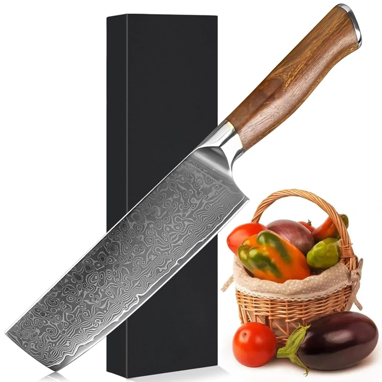 和式菜切り包丁 59層白波渦巻紋ダマスカス両刃菜切包丁 刃渡り172 V金10号鋼 南アメリカ産バンゼルローズ材のハンドル