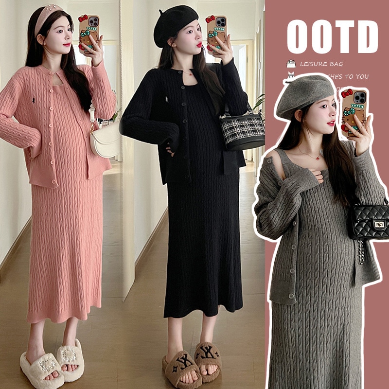 妊婦服2024秋冬の新型ネットレッドはゆったりとして痩せている古典的な刺繍ウインチの中のロングワンピース2点セット